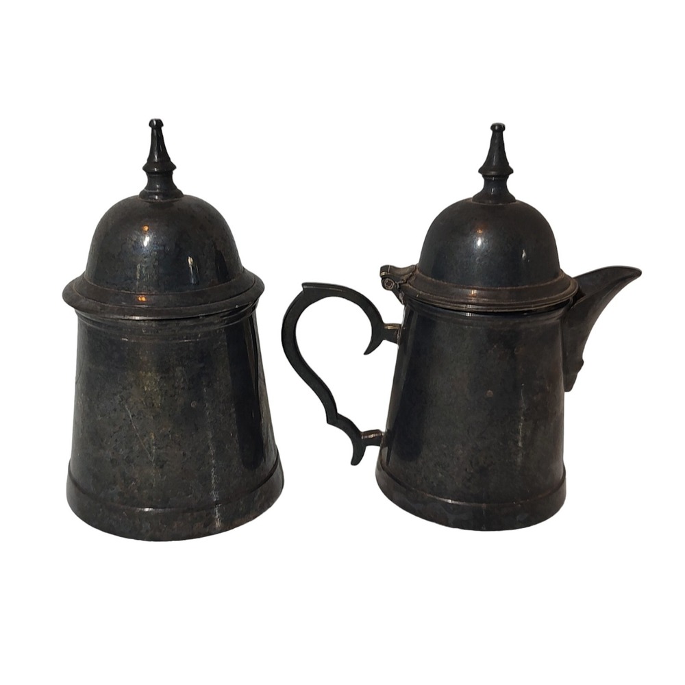 Vintage Cream and Sugar Set Made In India Silver Plated Hinged‎ Lids Five Inches